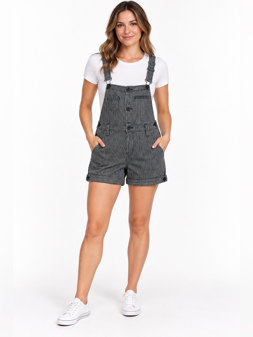 Striped Black Short Overalls - Women's Jeans